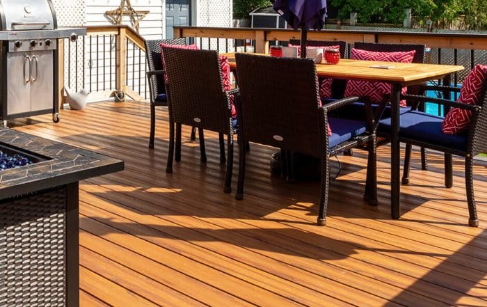 patio table and chairs on raised deck